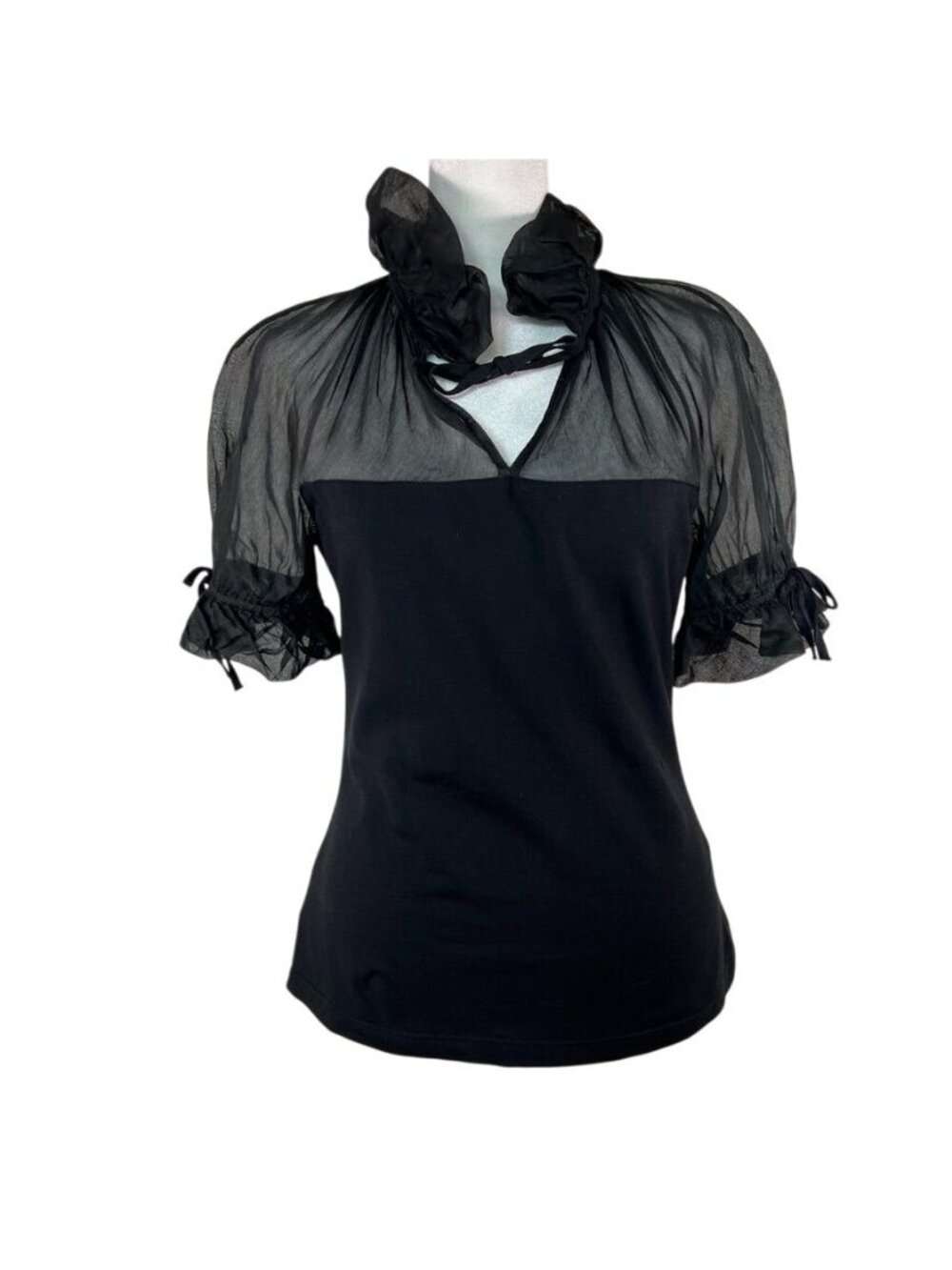 Anne Fontaine Carmella 40 Black Sheer Organza Puff Sleeves French Edwardian Top - Picture 3 of 15